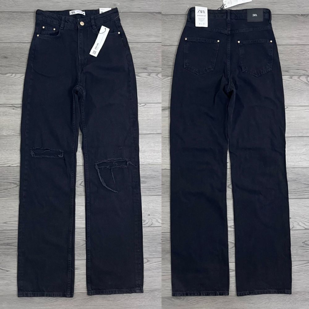 Zara Women Size 2 Black Distressed Straight Leg Super High Rise NEW Denim Jeans